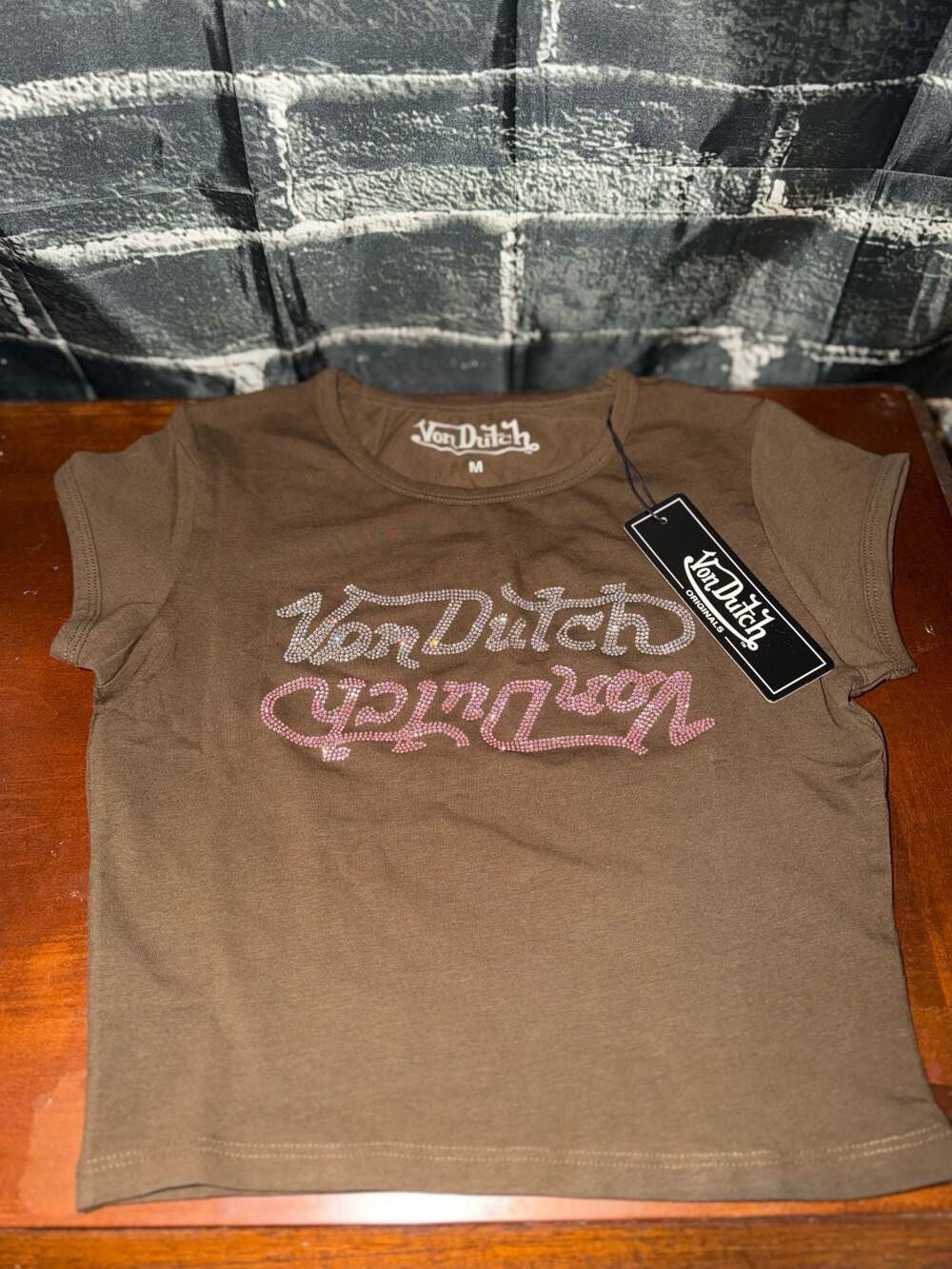 Von Dutch Brown Rhinestone 'Seeing Double' Tee, Size M